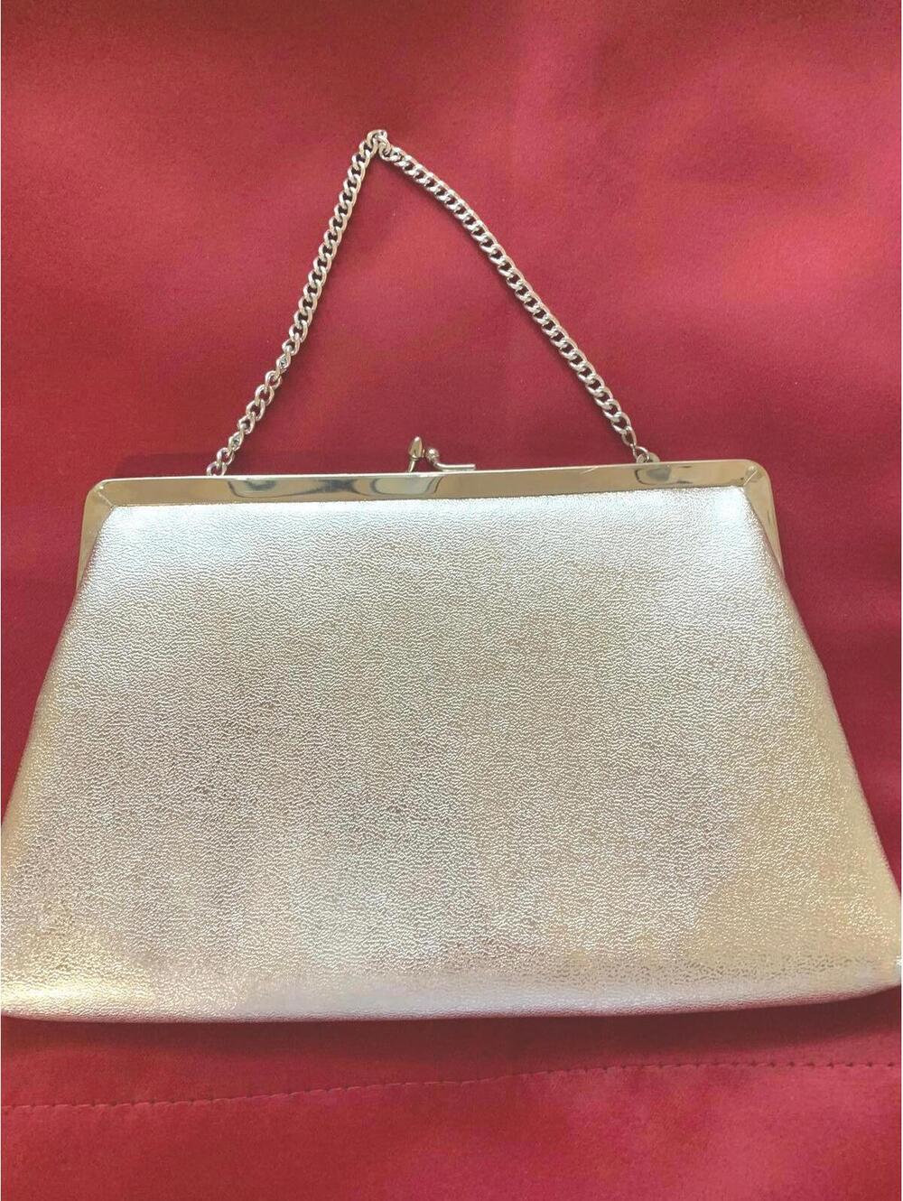 Vintage Silver Metallic Clutch Purse w/ Chain Formal Evening Clutch Bag